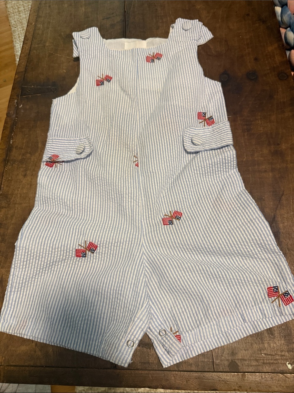 Girls' Blue & White Seersucker Romper with Red Flag Embroidery